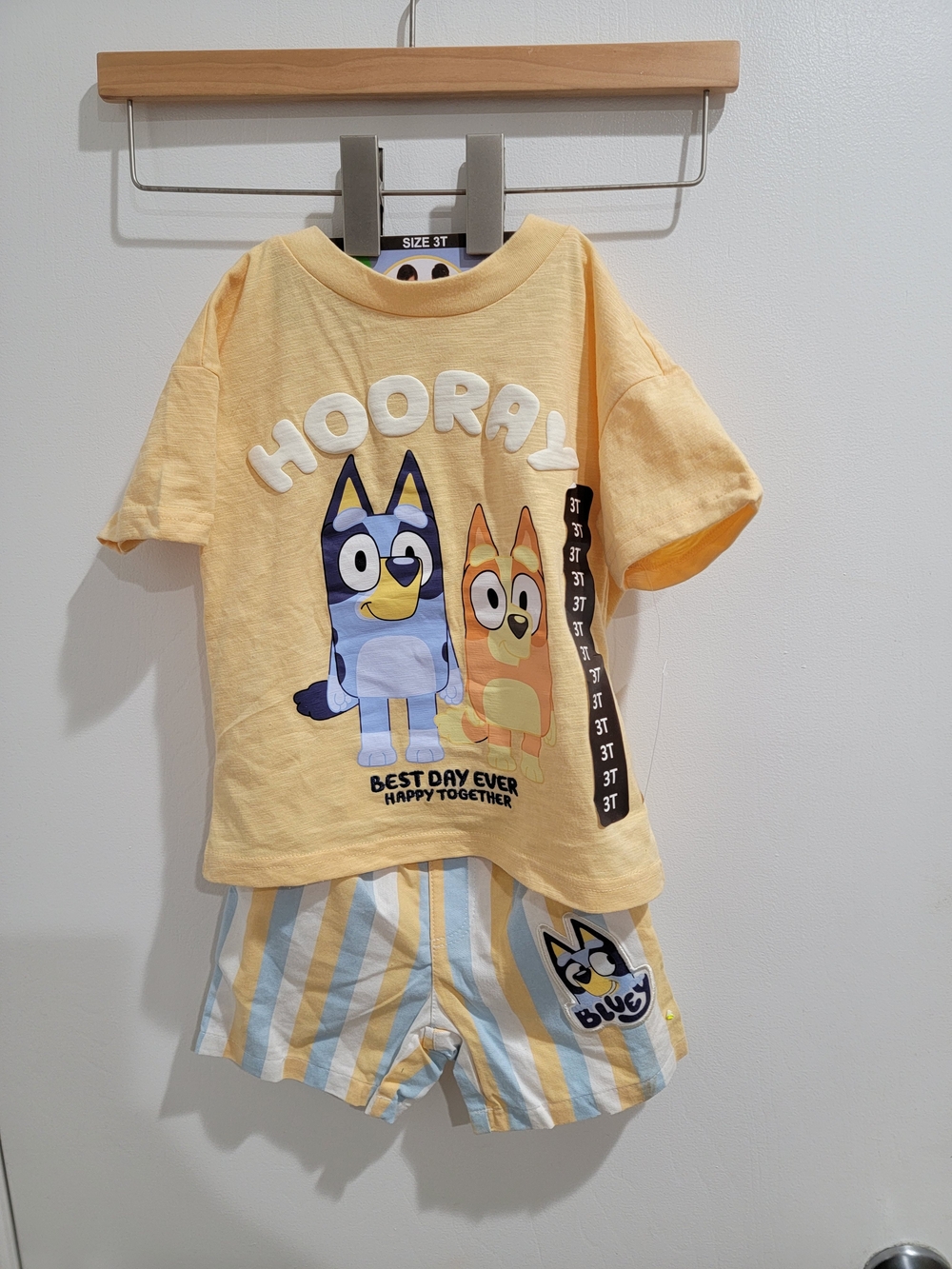 Kids "Hooray" Yellow Bluey Short Set - Yellow/Blue